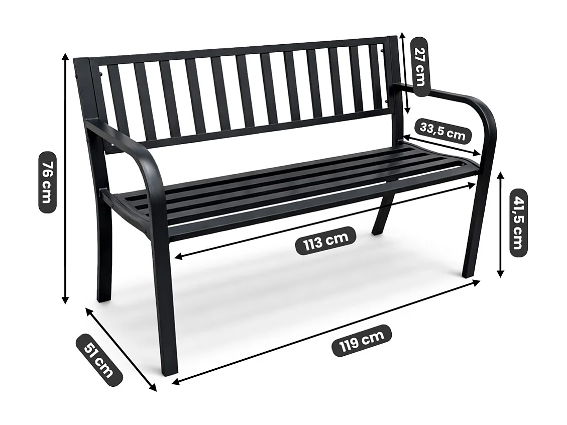 Czarna ławka ogrodowa LINEA ze stalowymi nogami i oparciem szerokość 119 cm