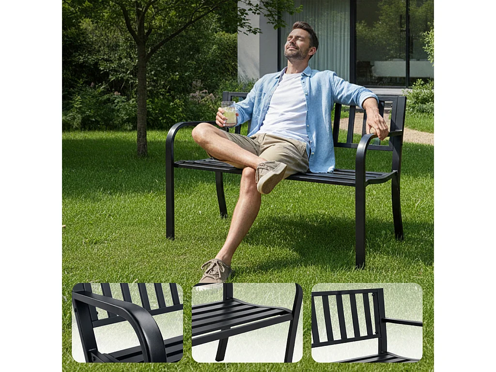 Czarna ławka ogrodowa LINEA ze stalowymi nogami i oparciem szerokość 119 cm