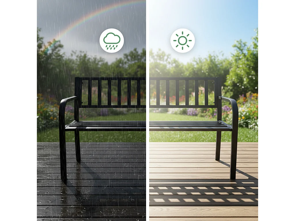 Czarna ławka ogrodowa LINEA ze stalowymi nogami i oparciem szerokość 119 cm