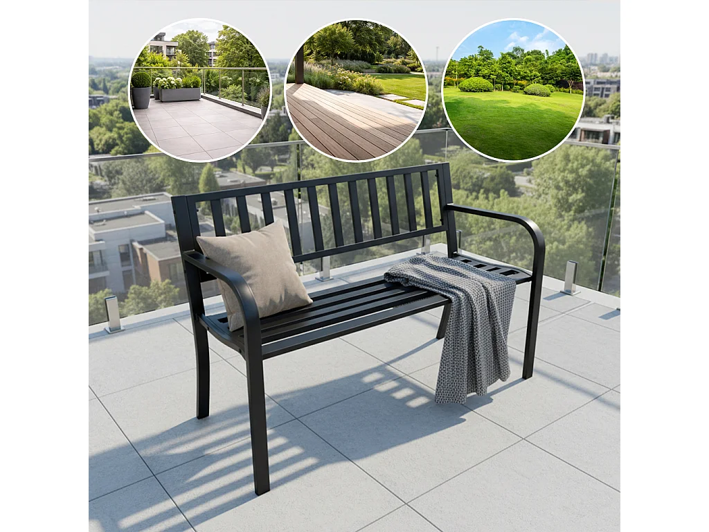 Czarna ławka ogrodowa LINEA ze stalowymi nogami i oparciem szerokość 119 cm