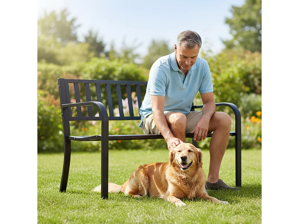 Czarna ławka ogrodowa LINEA ze stalowymi nogami i oparciem szerokość 119 cm