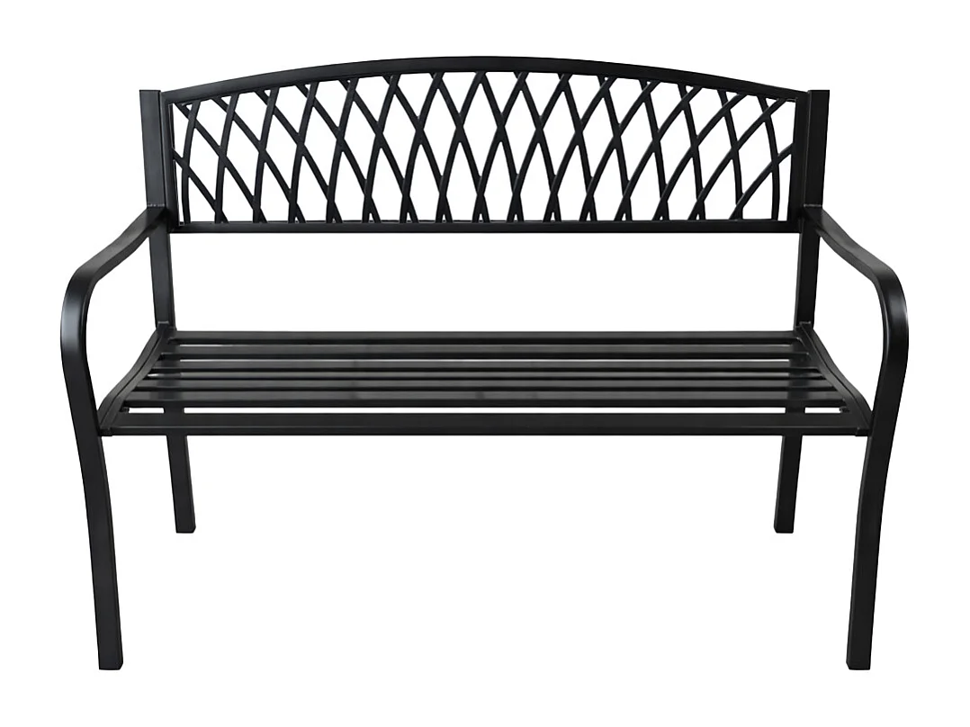 Czarna ławka ogrodowa ARCADIA ze stalowymi nogami i żeliwnym oparciem szerokość 127 cm