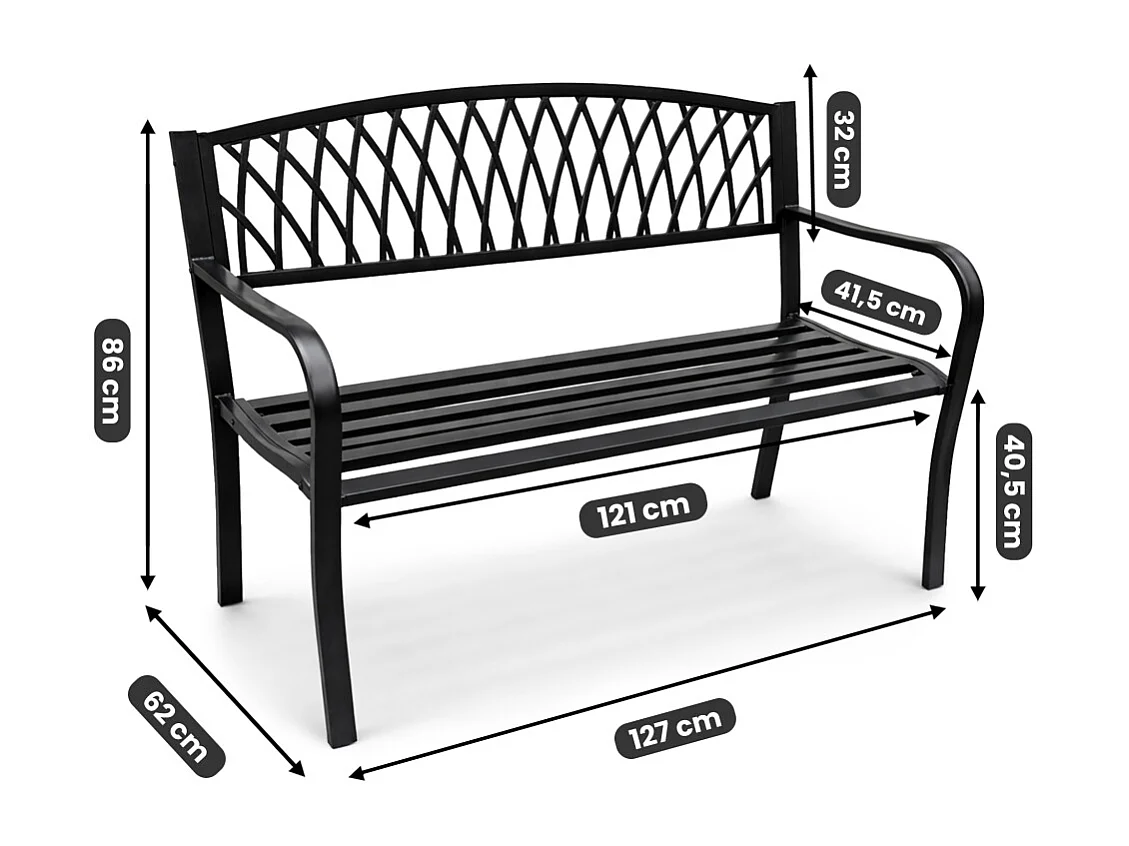 Czarna ławka ogrodowa ARCADIA ze stalowymi nogami i żeliwnym oparciem szerokość 127 cm