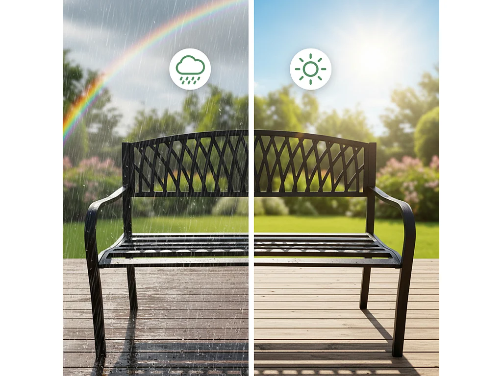 Czarna ławka ogrodowa ARCADIA ze stalowymi nogami i żeliwnym oparciem szerokość 127 cm