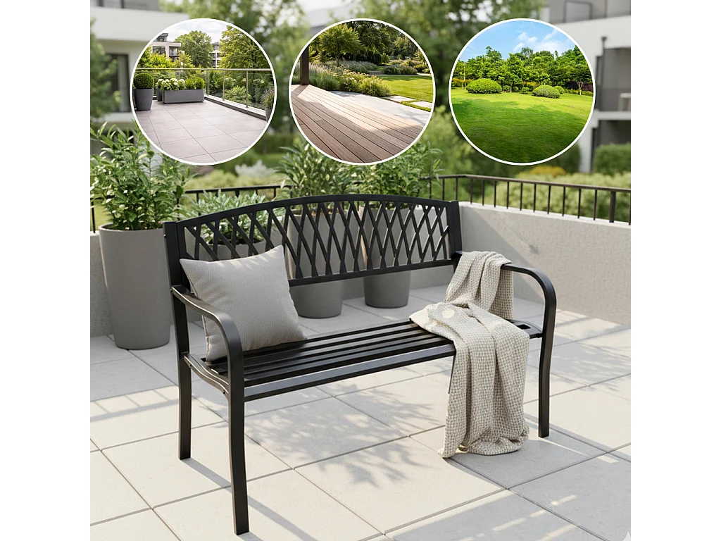 Czarna ławka ogrodowa ARCADIA ze stalowymi nogami i żeliwnym oparciem szerokość 127 cm