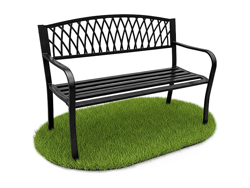 Czarna ławka ogrodowa ARCADIA ze stalowymi nogami i żeliwnym oparciem szerokość 127 cm