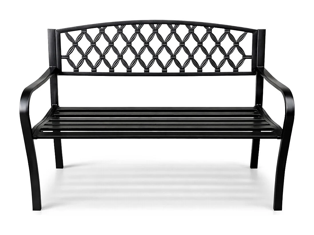Czarna ławka ogrodowa CLASSICO ze stalowymi nogami i żeliwnym oparciem szerokość 127 cm