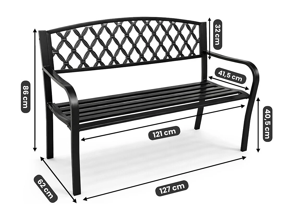 Czarna ławka ogrodowa CLASSICO ze stalowymi nogami i żeliwnym oparciem szerokość 127 cm