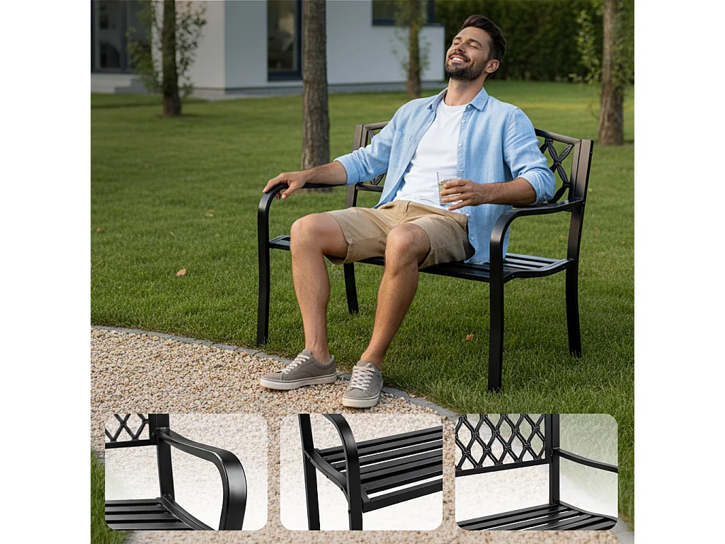 Czarna ławka ogrodowa CLASSICO ze stalowymi nogami i żeliwnym oparciem szerokość 127 cm