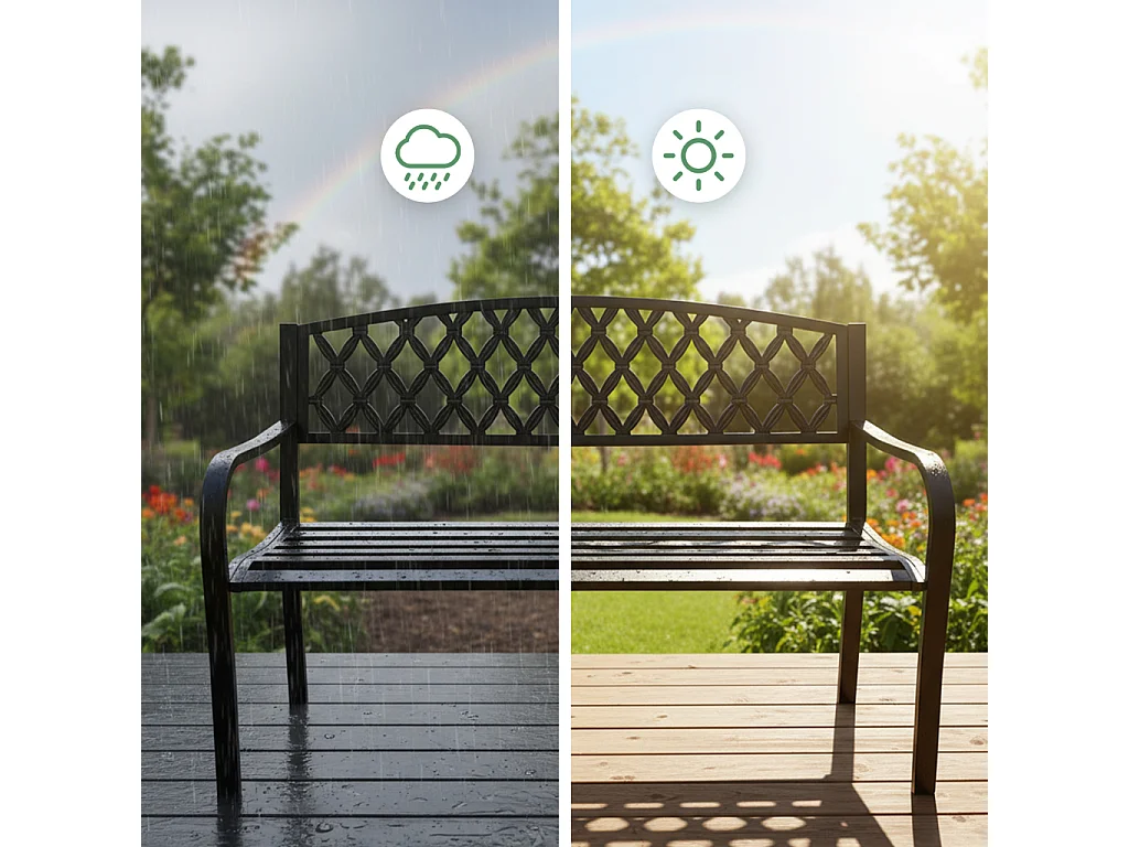 Czarna ławka ogrodowa CLASSICO ze stalowymi nogami i żeliwnym oparciem szerokość 127 cm