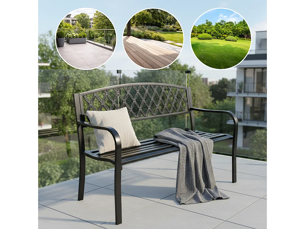 Czarna ławka ogrodowa CLASSICO ze stalowymi nogami i żeliwnym oparciem szerokość 127 cm