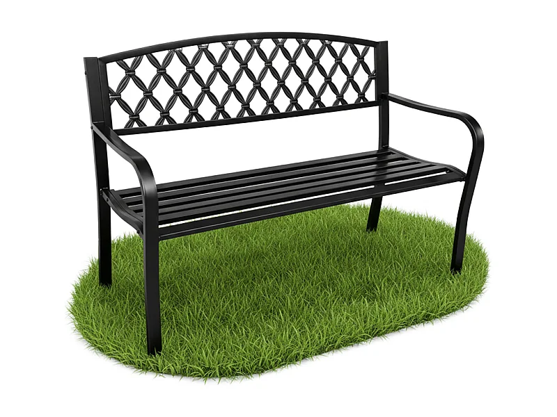 Czarna ławka ogrodowa CLASSICO ze stalowymi nogami i żeliwnym oparciem szerokość 127 cm