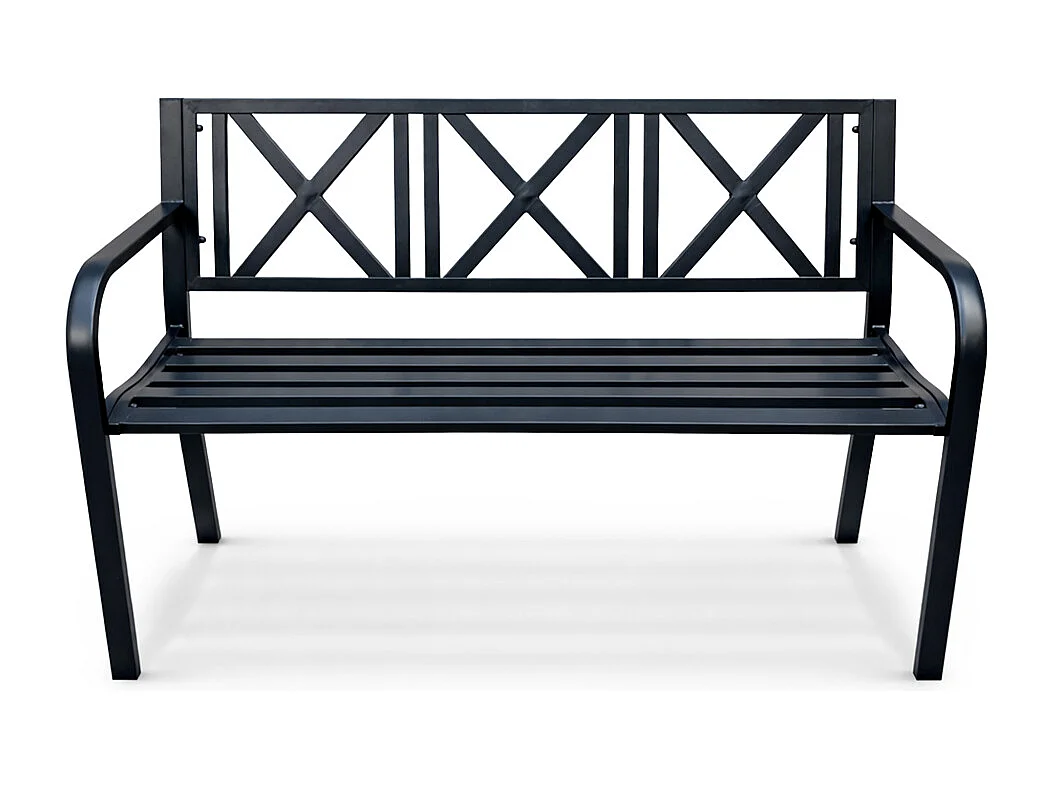 Czarna ławka ogrodowa CROSS ze stalowymi nogami i oparciem szerokość 119 cm