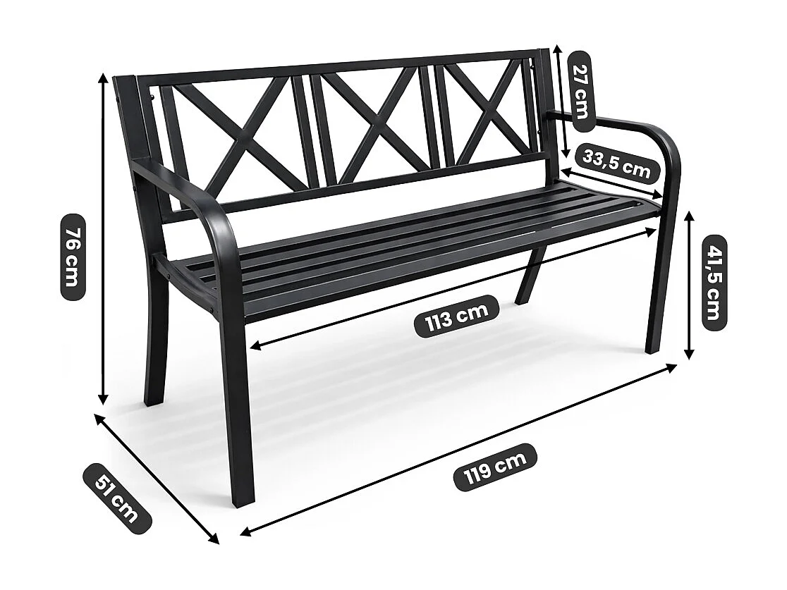 Czarna ławka ogrodowa CROSS ze stalowymi nogami i oparciem szerokość 119 cm