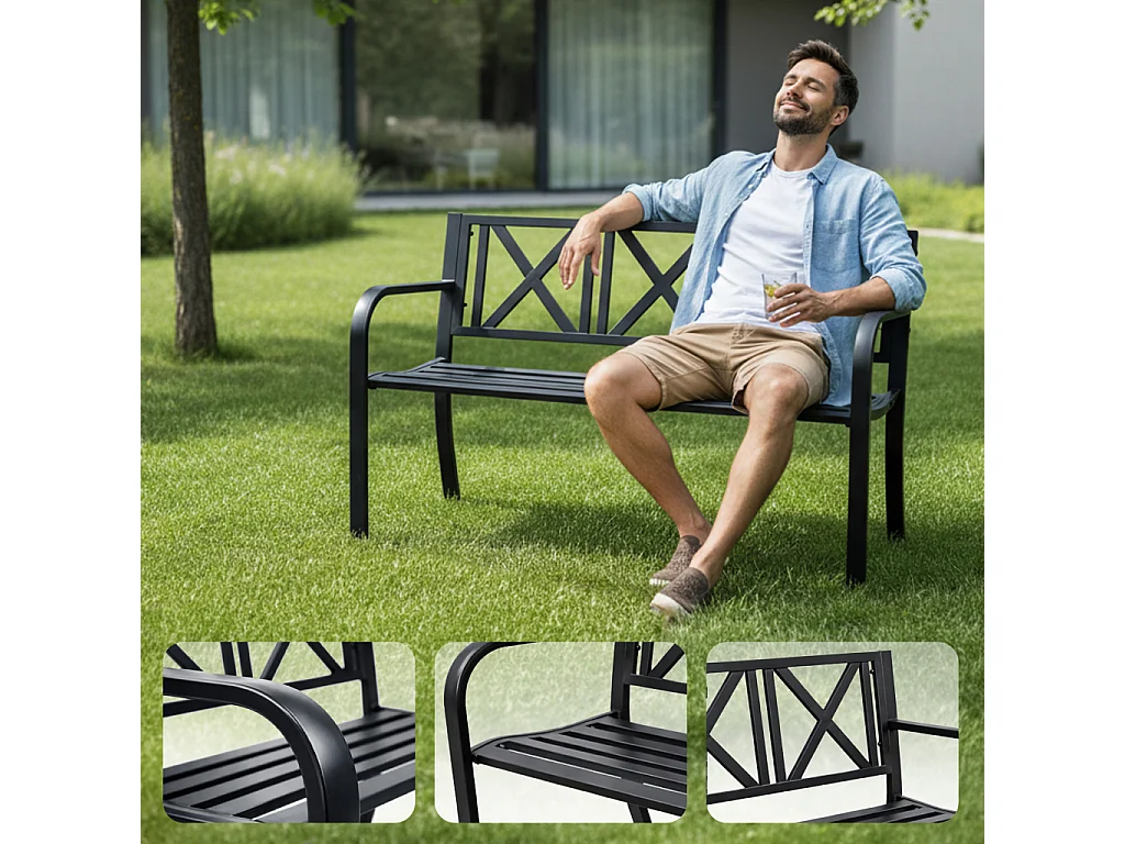 Czarna ławka ogrodowa CROSS ze stalowymi nogami i oparciem szerokość 119 cm