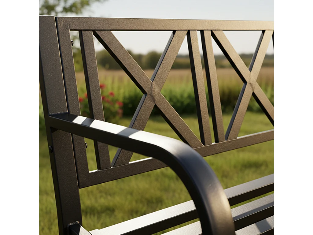 Czarna ławka ogrodowa CROSS ze stalowymi nogami i oparciem szerokość 119 cm