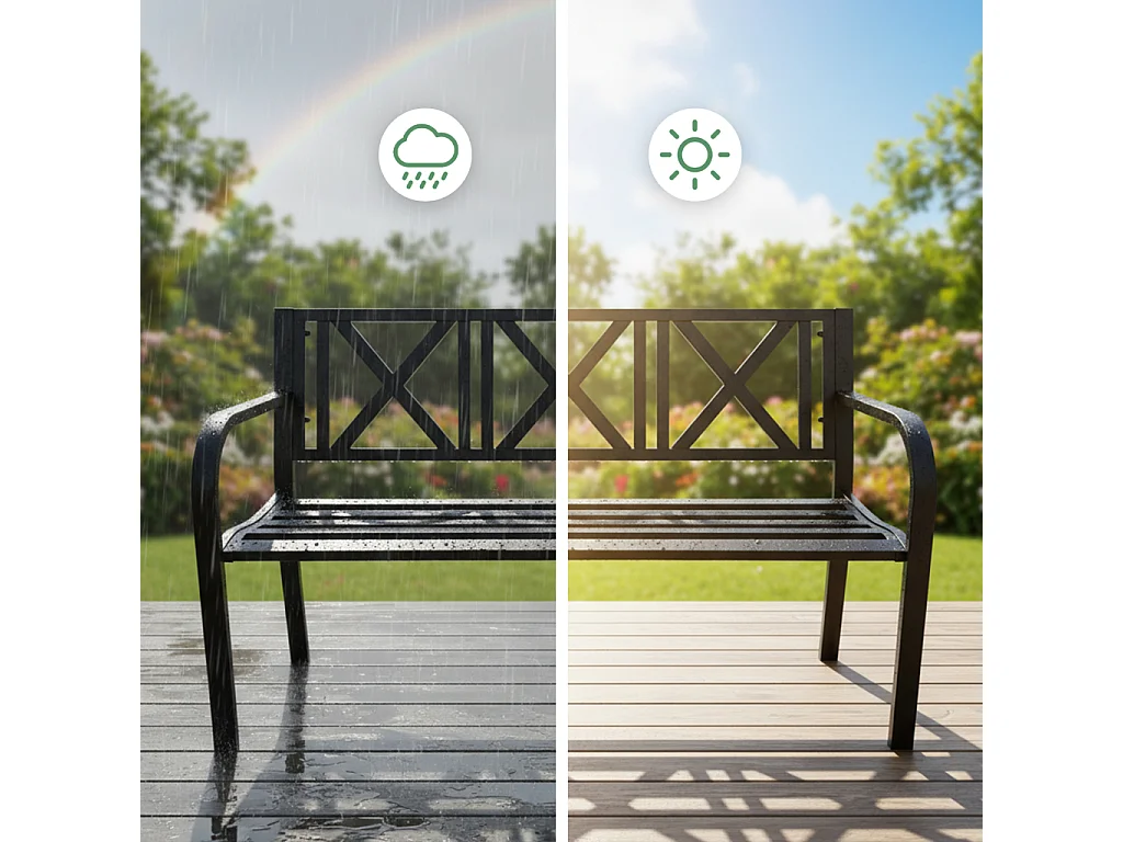 Czarna ławka ogrodowa CROSS ze stalowymi nogami i oparciem szerokość 119 cm