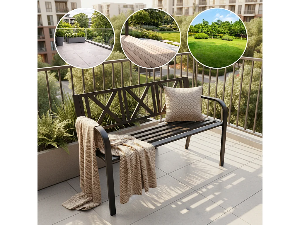 Czarna ławka ogrodowa CROSS ze stalowymi nogami i oparciem szerokość 119 cm