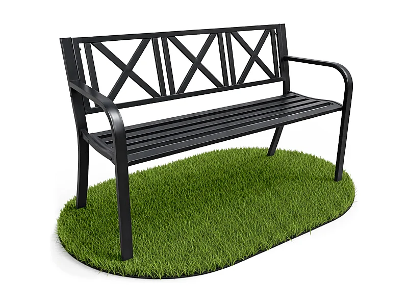 Czarna ławka ogrodowa CROSS ze stalowymi nogami i oparciem szerokość 119 cm