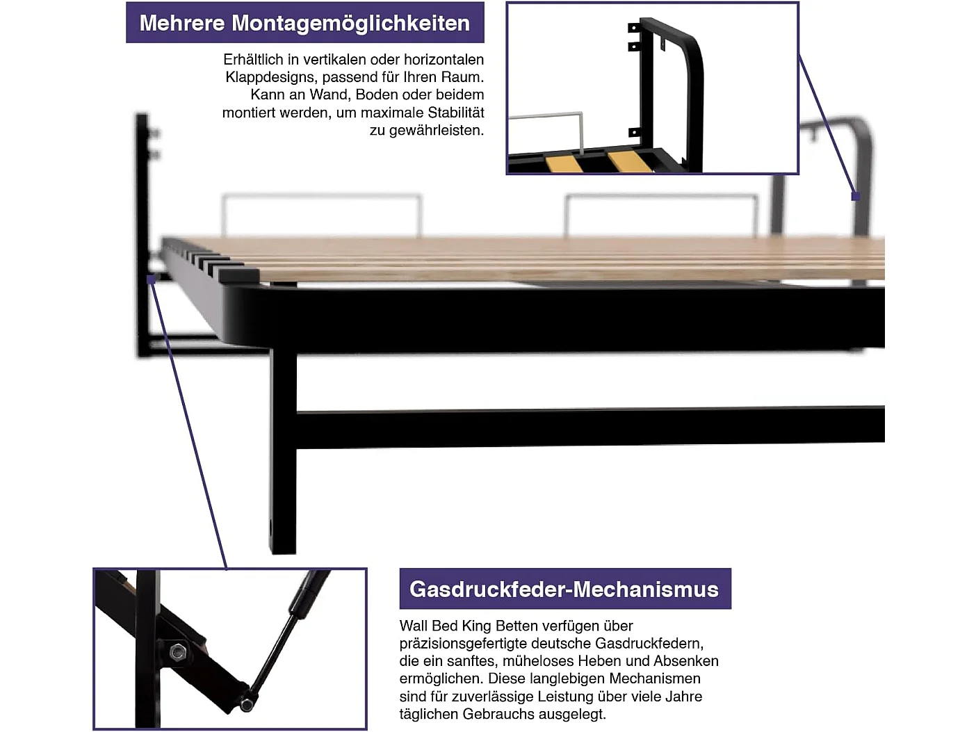 Wallbedking Wandbett 90x190 Vertikal Classic, Klappbett mit Gasdruckfeder