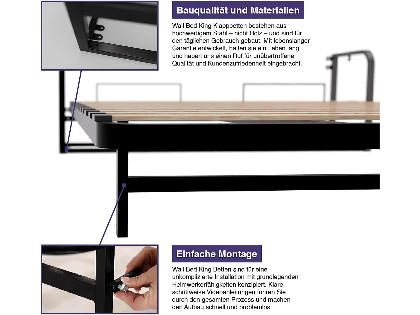 Wallbedking Wandbett 76x190 Vertikal Classic, Klappbett mit Gasdruckfeder