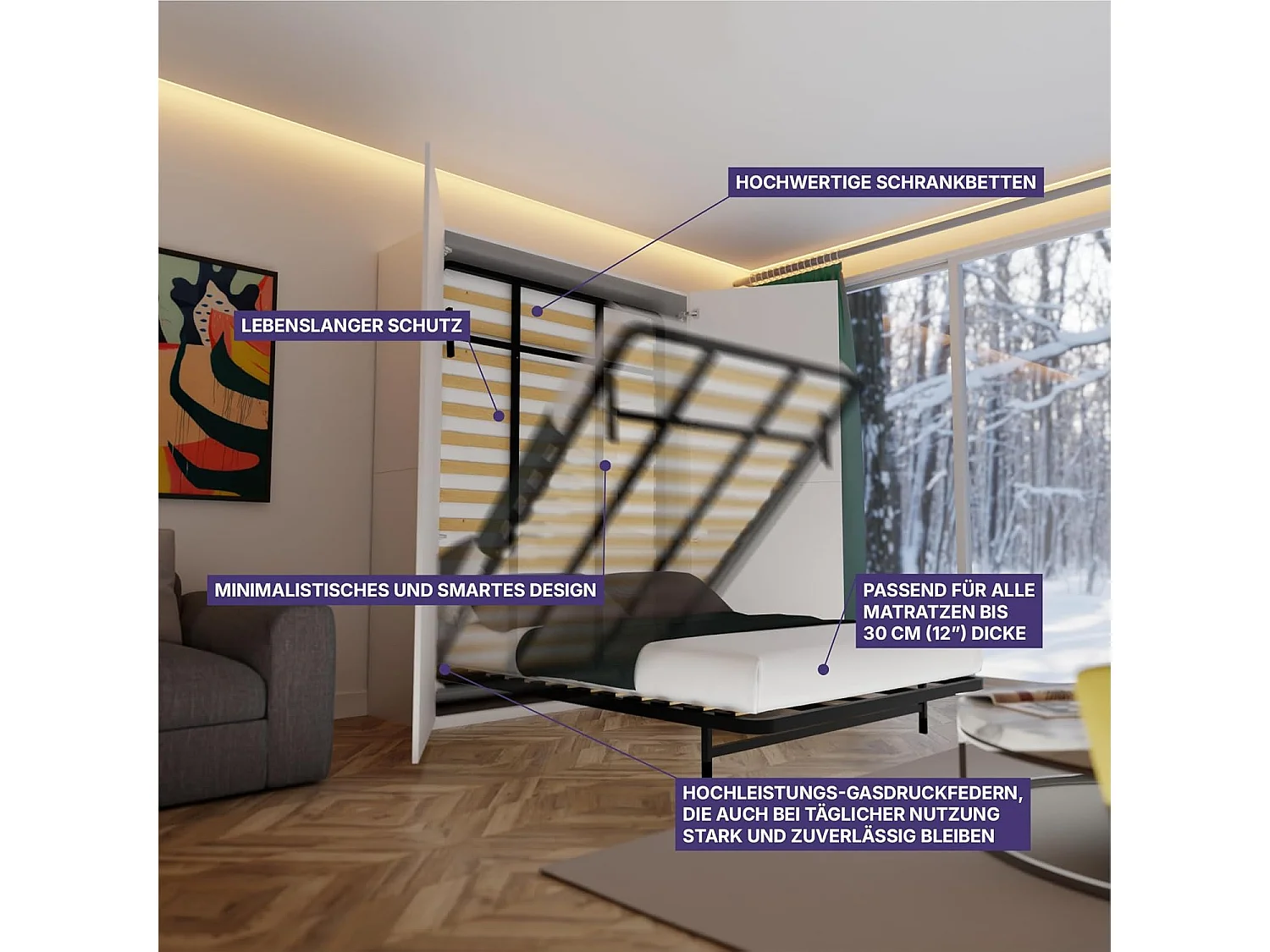 Wallbedking Wandbett 200x120 Horizontal Classic, Klappbett mit Gasdruckfeder