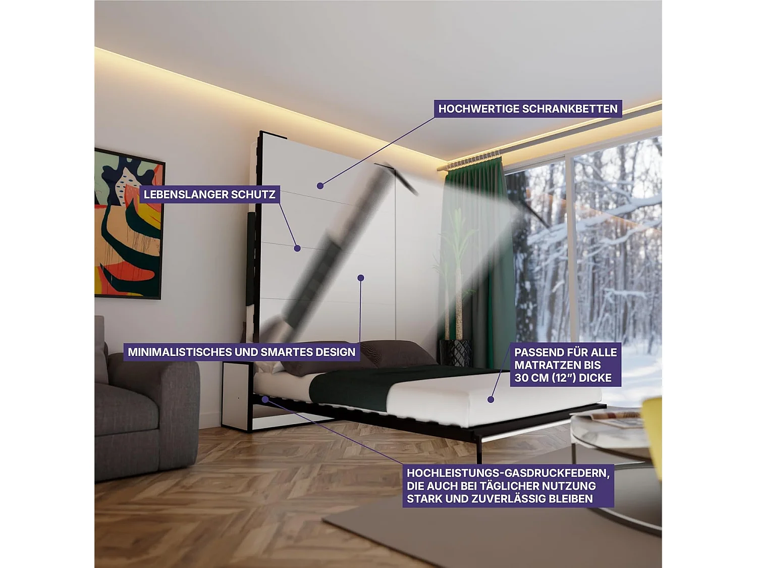 Wallbedking Wandbett 200x140 Horizontal Studio, Klappbett mit Gasdruckfeder