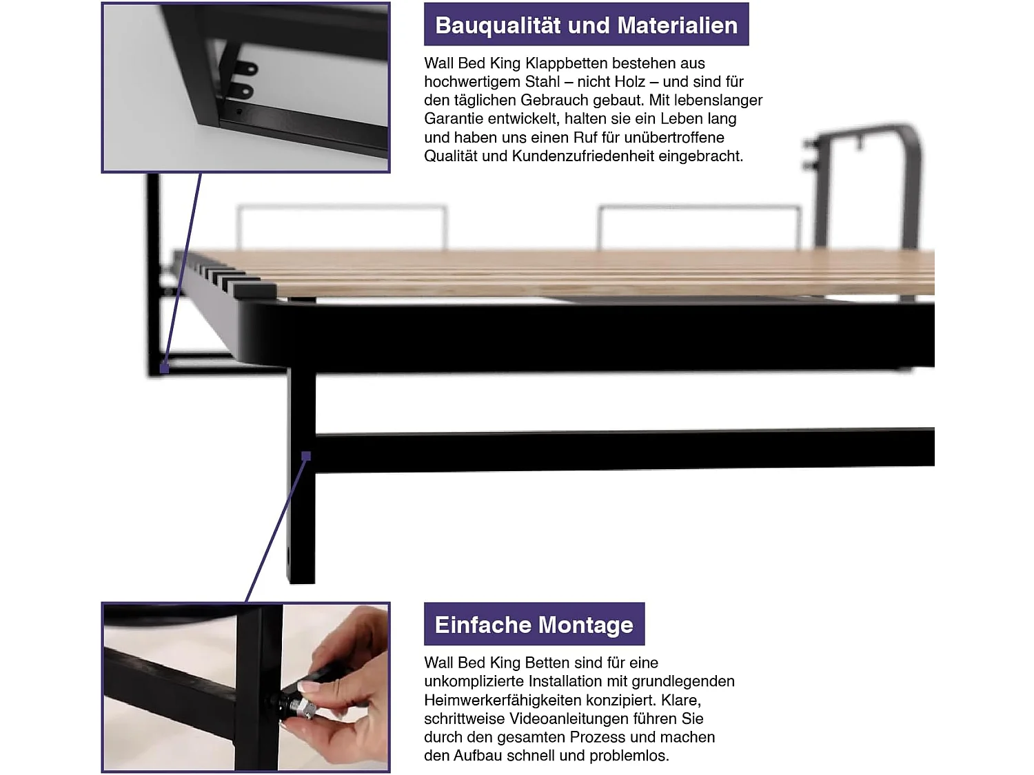 Wallbedking Wandbett 200x140 Horizontal Classic, Klappbett mit Gasdruckfeder