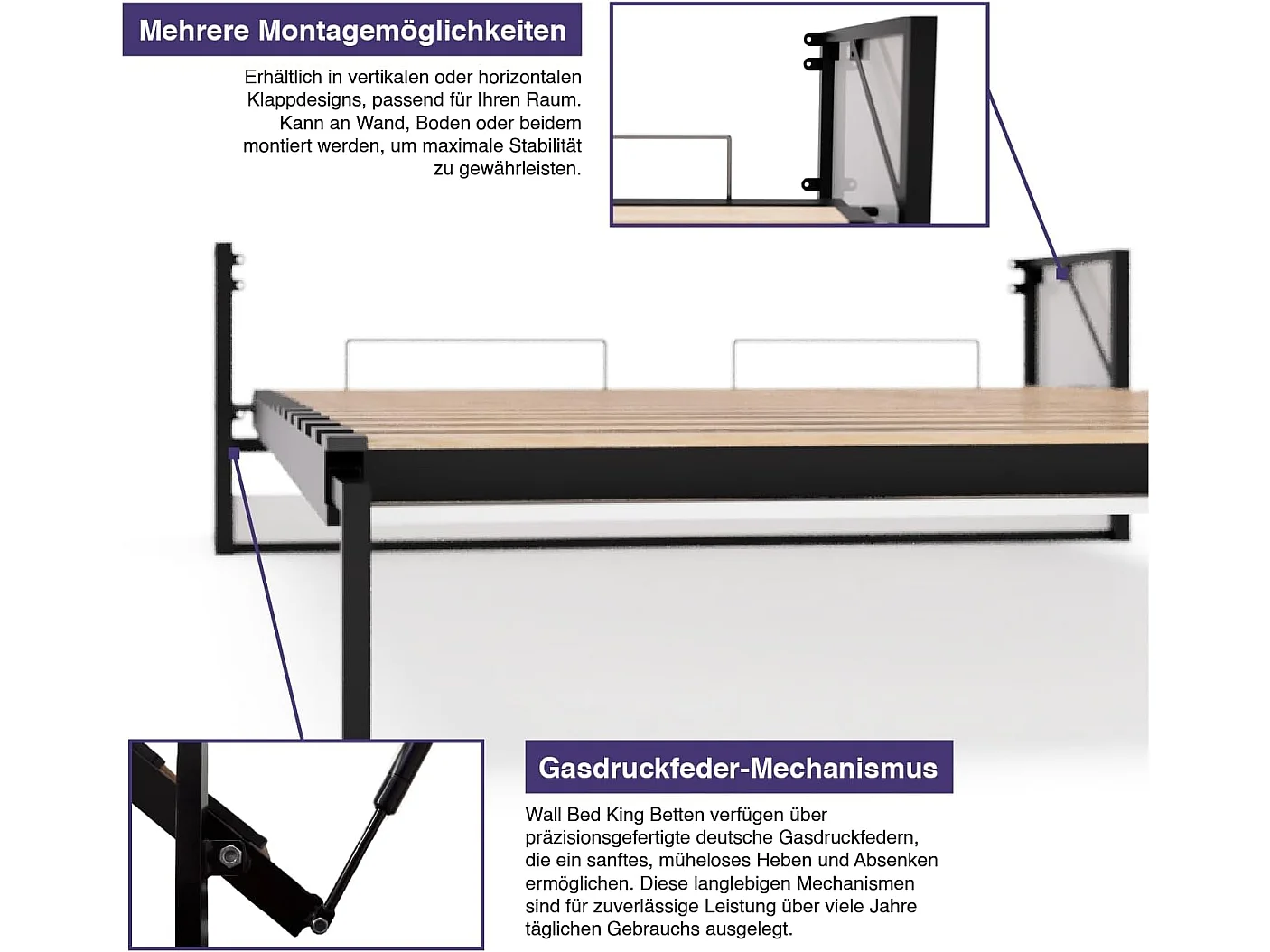 Wallbedking Wandbett 150x200 Vertikal Studio, Klappbett mit Gasdruckfeder