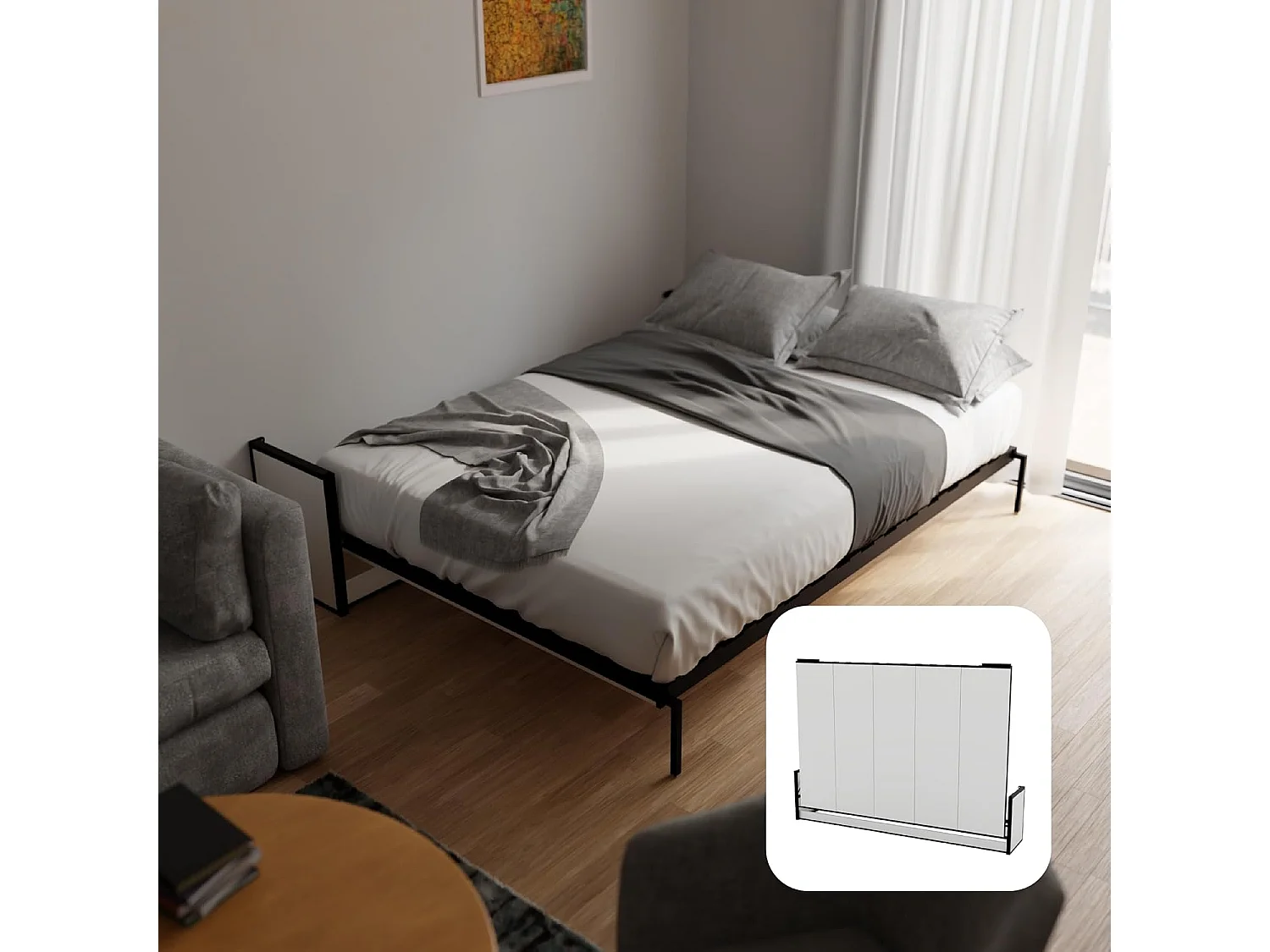 Wallbedking Wandbett 190x135 Horizontal Studio, Klappbett mit Gasdruckfeder