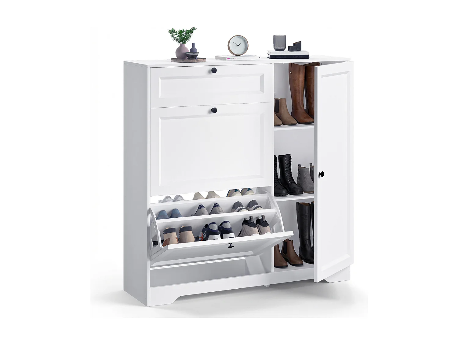 Bealife 3-en-1 Meuble chaussures avec 2 abattants,– 100x30x102 cm, Blanc - Étagères réglables en hauteur, Meuble chaussures spacieux et fonctionnel