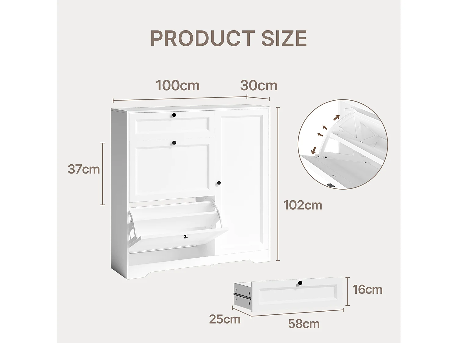Bealife 3-en-1 Meuble chaussures avec 2 abattants,– 100x30x102 cm, Blanc - Étagères réglables en hauteur, Meuble chaussures spacieux et fonctionnel