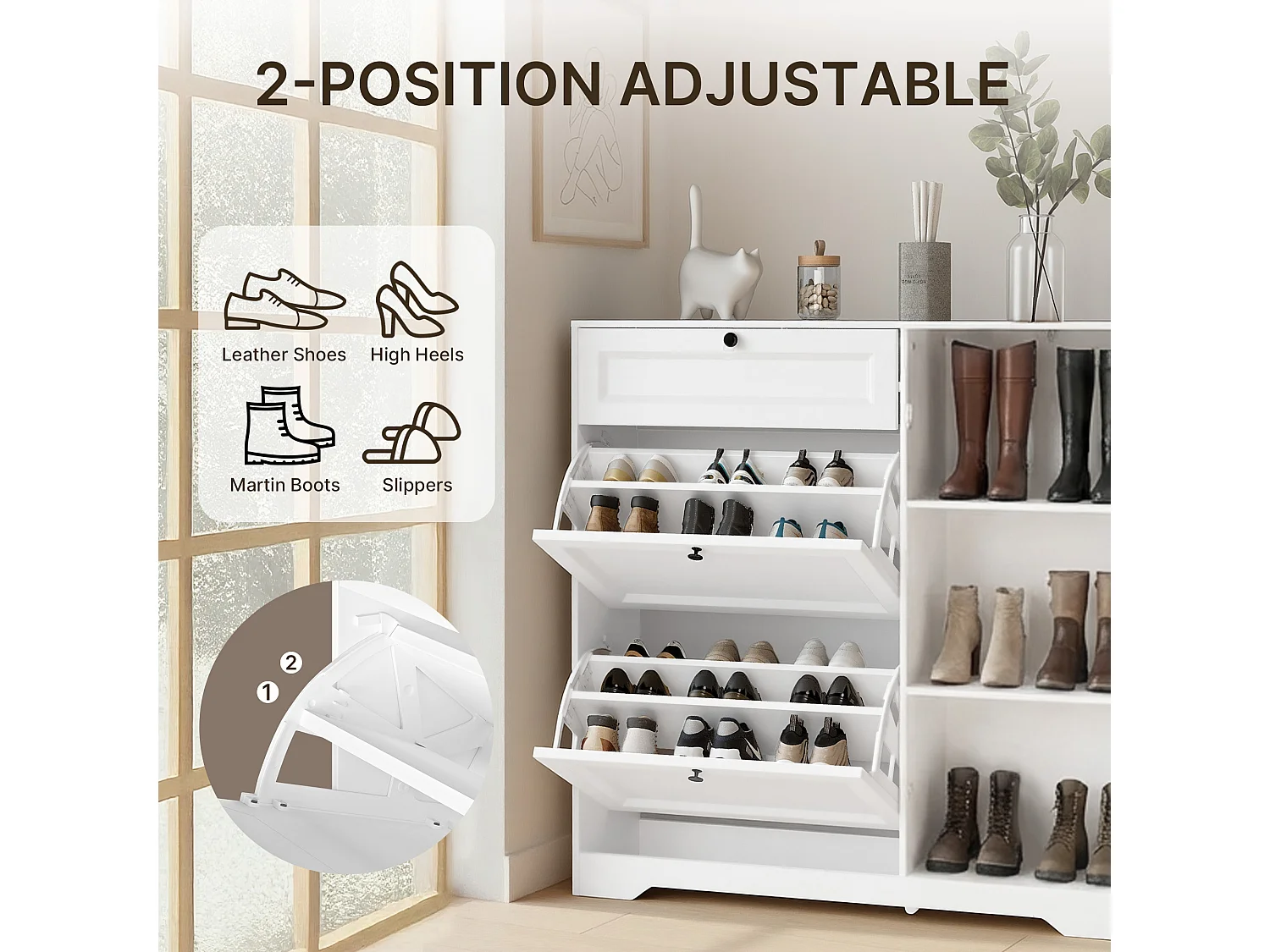 Bealife 3-en-1 Meuble chaussures avec 2 abattants,– 100x30x102 cm, Blanc - Étagères réglables en hauteur, Meuble chaussures spacieux et fonctionnel