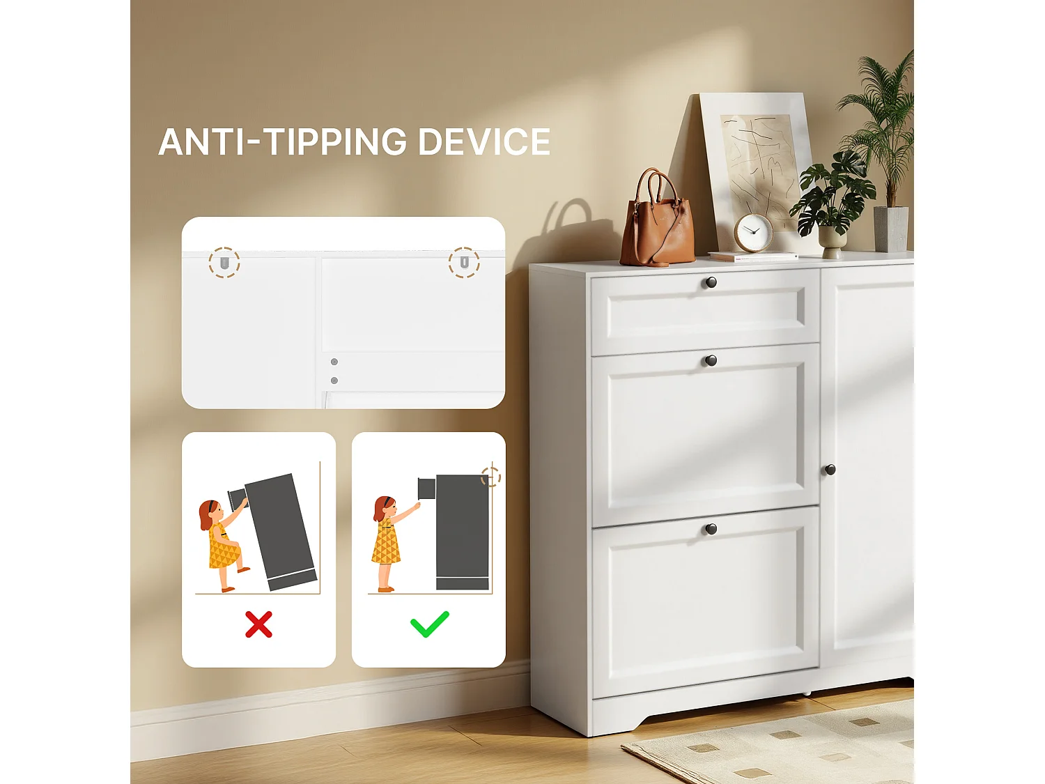 Bealife 3-en-1 Meuble chaussures avec 2 abattants,– 100x30x102 cm, Blanc - Étagères réglables en hauteur, Meuble chaussures spacieux et fonctionnel