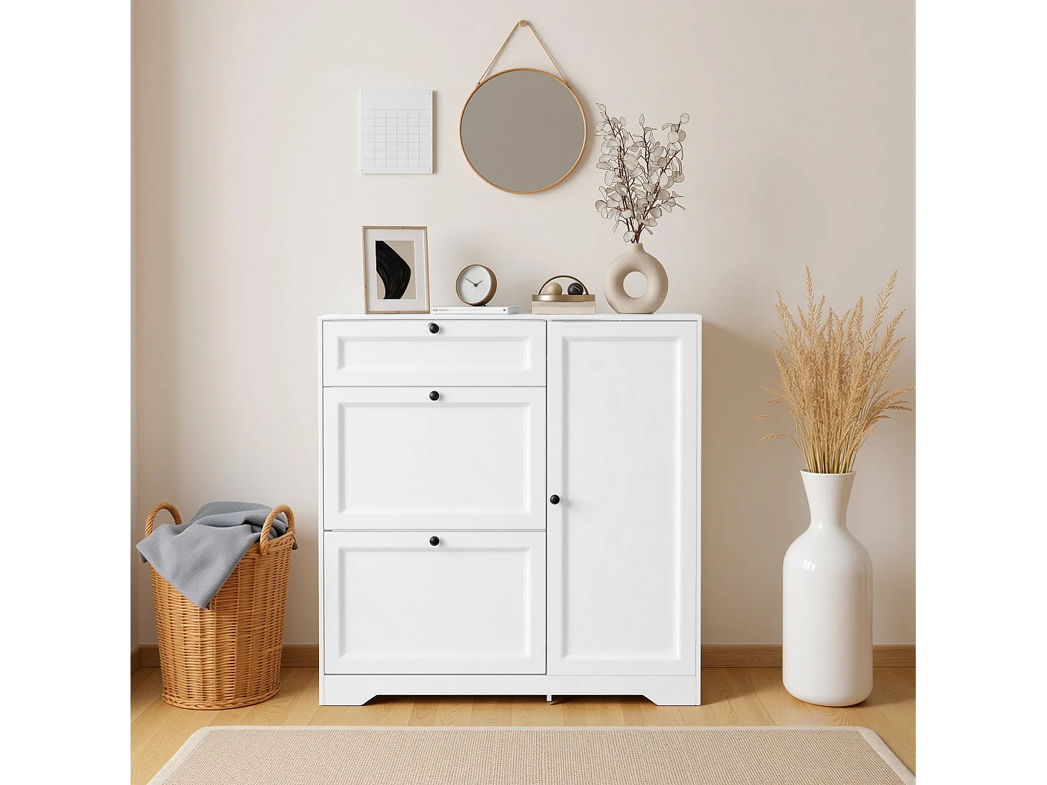 Bealife 3-en-1 Meuble chaussures avec 2 abattants,– 100x30x102 cm, Blanc - Étagères réglables en hauteur, Meuble chaussures spacieux et fonctionnel