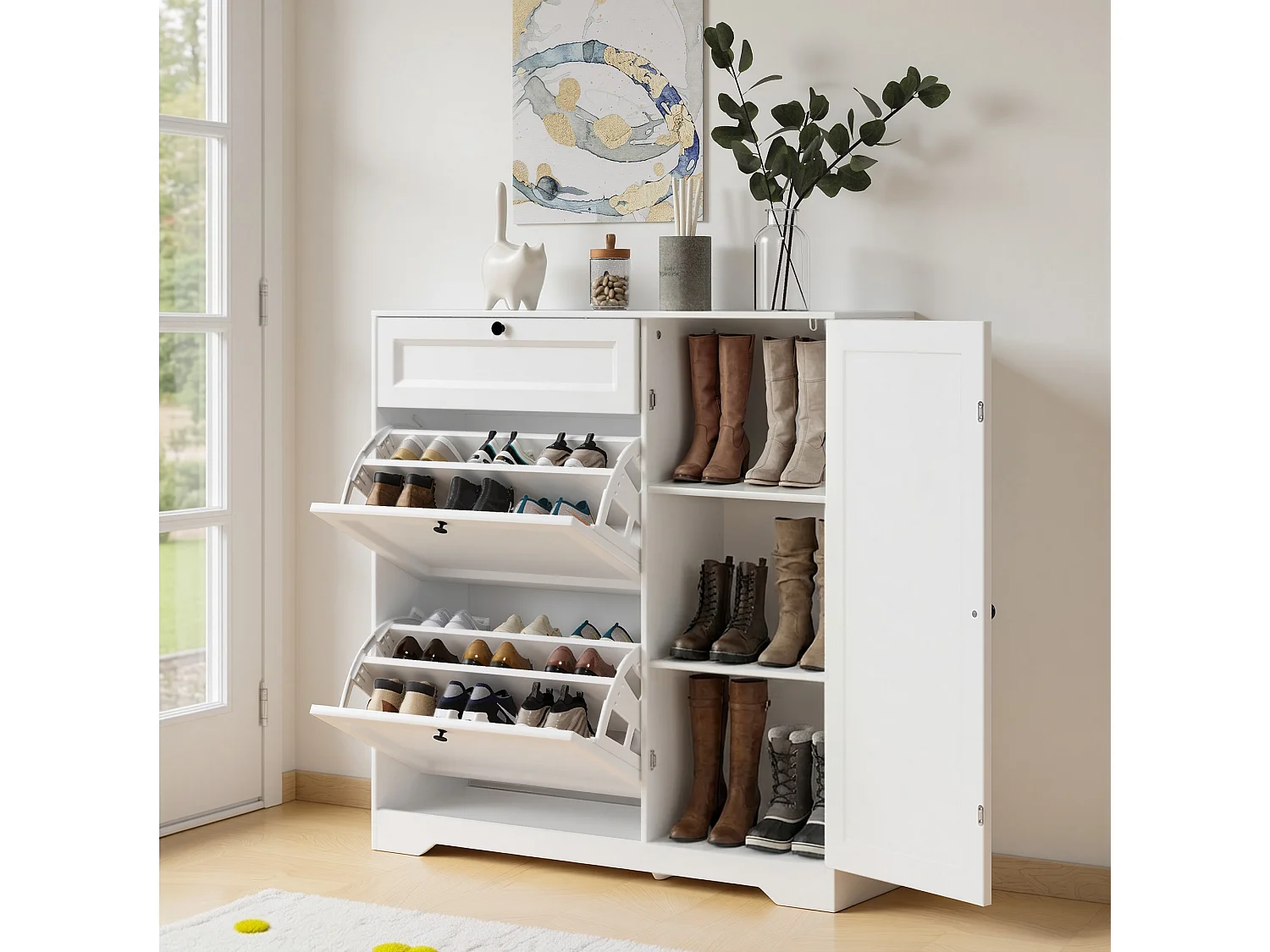 Bealife 3-en-1 Meuble chaussures avec 2 abattants,– 100x30x102 cm, Blanc - Étagères réglables en hauteur, Meuble chaussures spacieux et fonctionnel