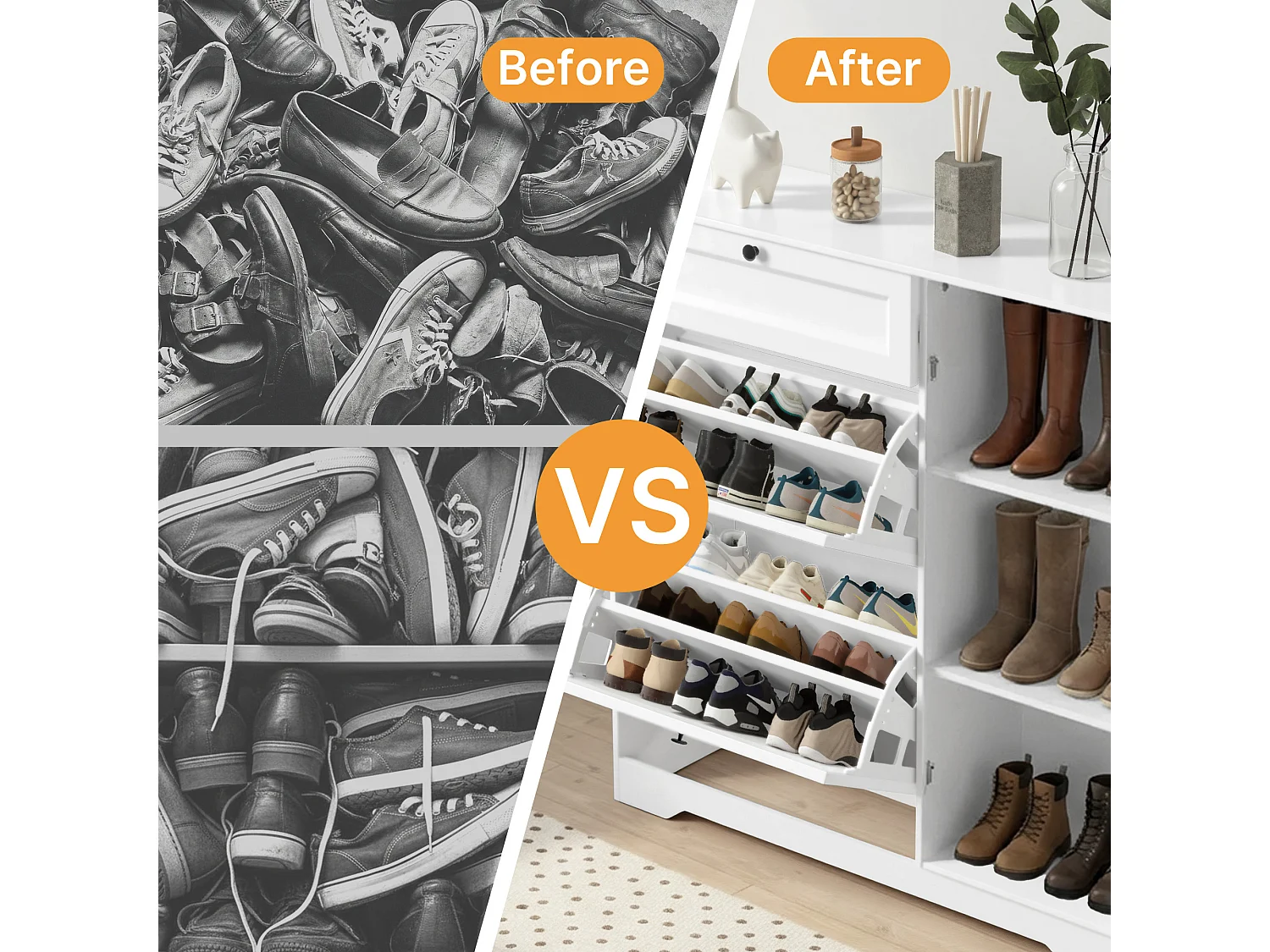 Bealife 3-en-1 Meuble chaussures avec 2 abattants,– 100x30x102 cm, Blanc - Étagères réglables en hauteur, Meuble chaussures spacieux et fonctionnel