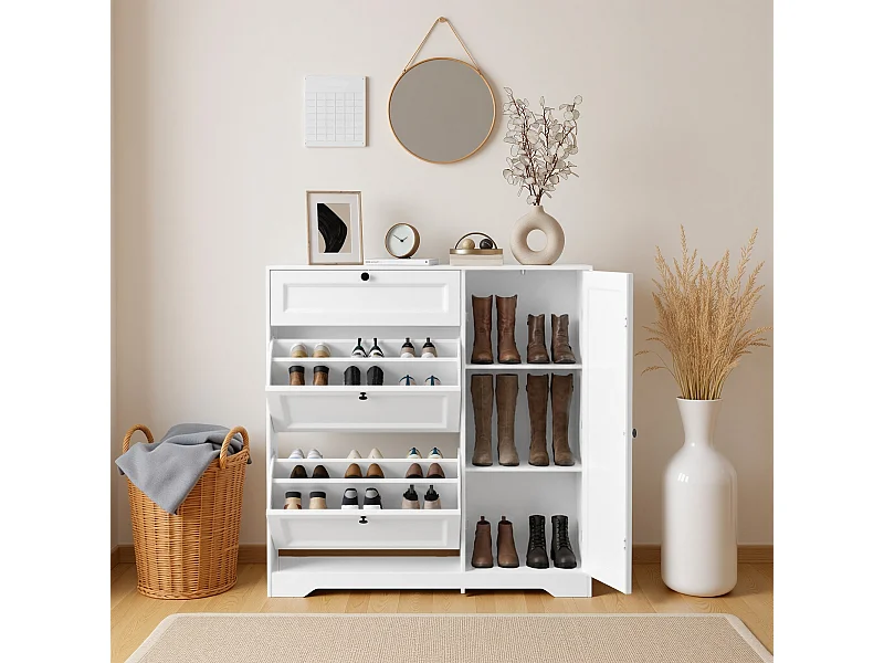 Bealife 3-en-1 Meuble chaussures avec 2 abattants,– 100x30x102 cm, Blanc - Étagères réglables en hauteur, Meuble chaussures spacieux et fonctionnel