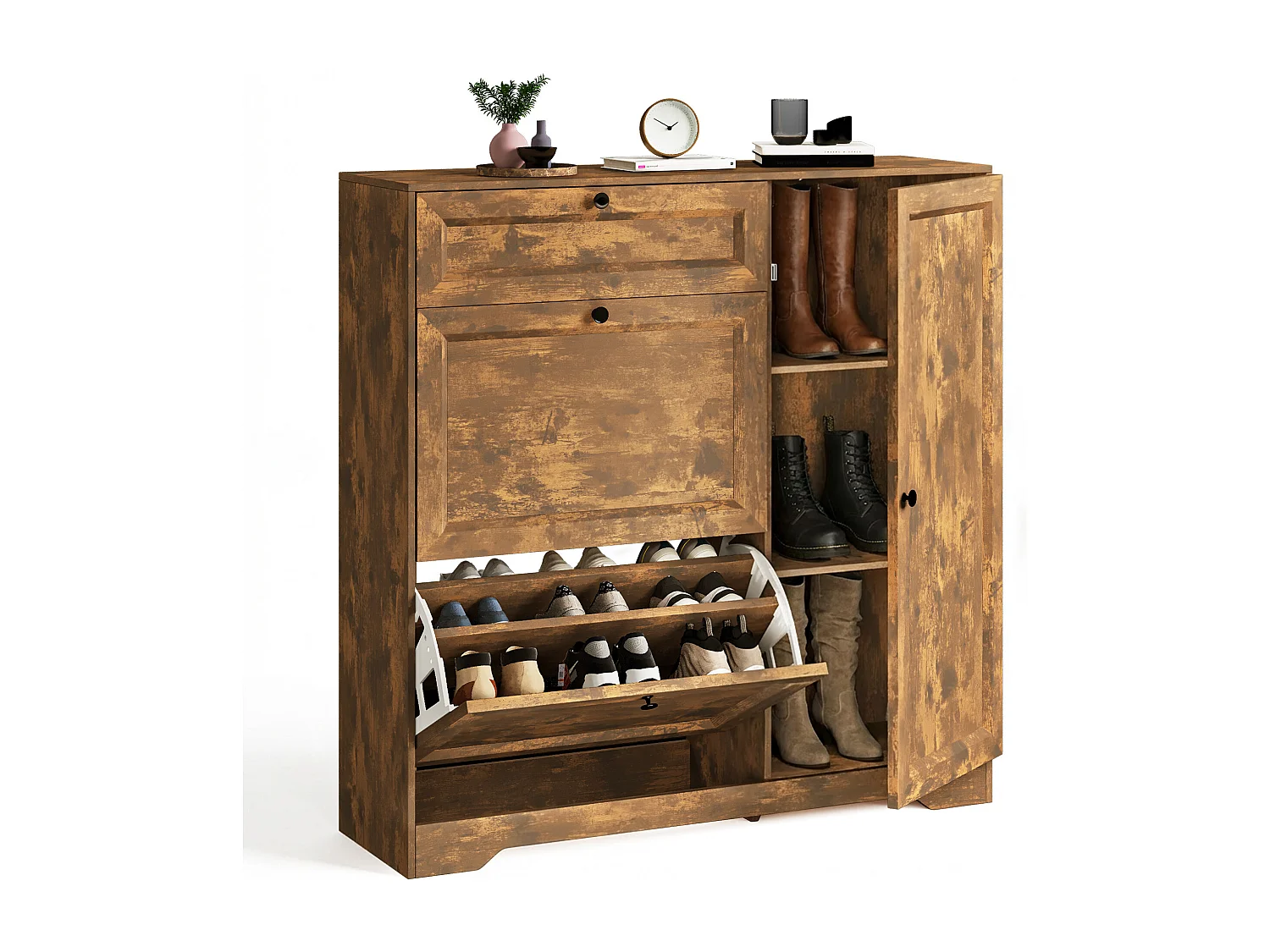 Bealife 3-en-1 Meuble chaussures avec 2 abattants, – 100x30x102 cm, Marron - Étagères réglables en hauteur, Meuble chaussures spacieux et fonctionnel