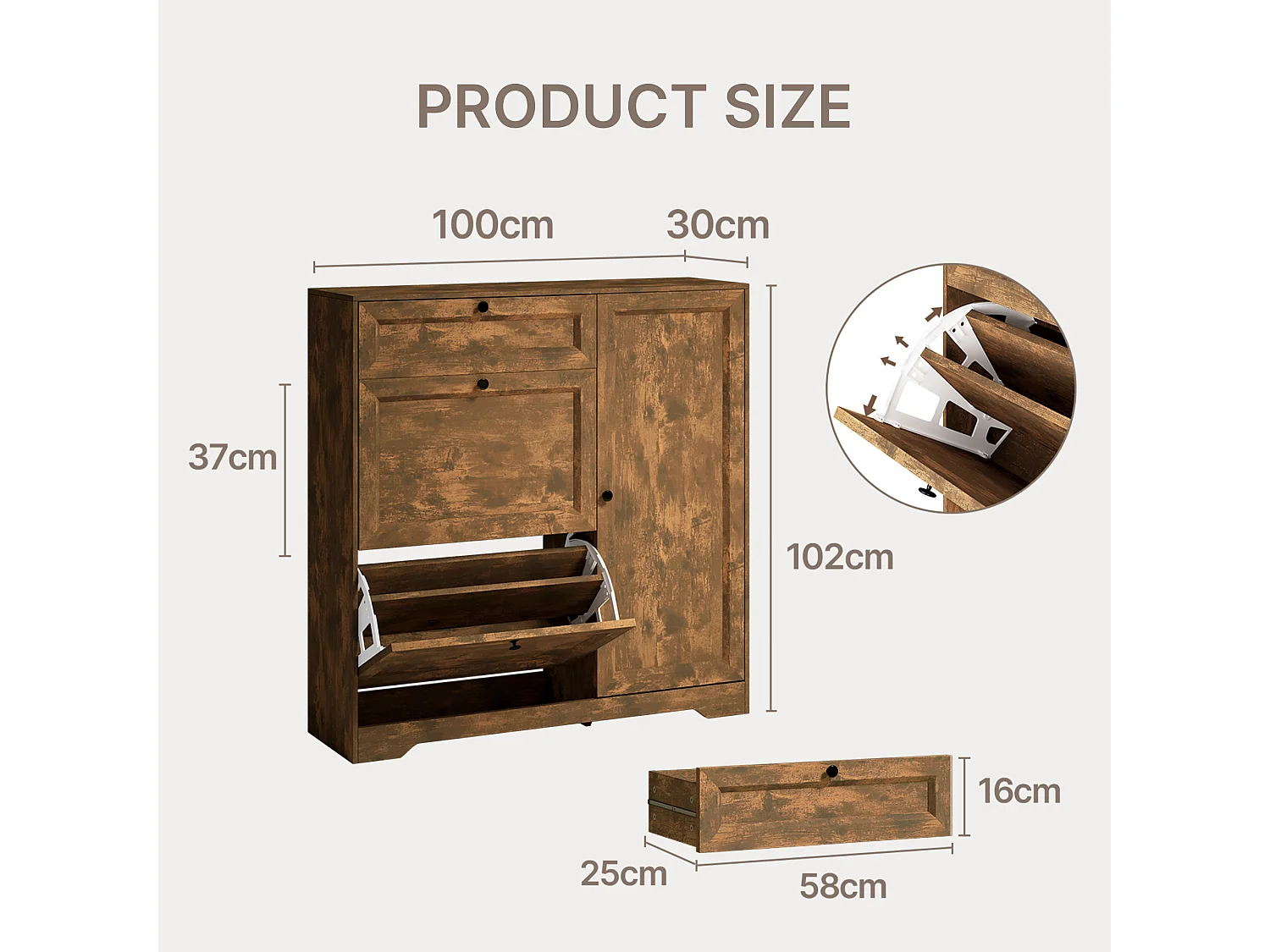 Bealife 3-en-1 Meuble chaussures avec 2 abattants, – 100x30x102 cm, Marron - Étagères réglables en hauteur, Meuble chaussures spacieux et fonctionnel