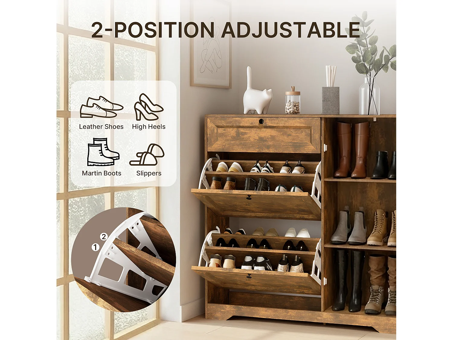 Bealife 3-en-1 Meuble chaussures avec 2 abattants, – 100x30x102 cm, Marron - Étagères réglables en hauteur, Meuble chaussures spacieux et fonctionnel