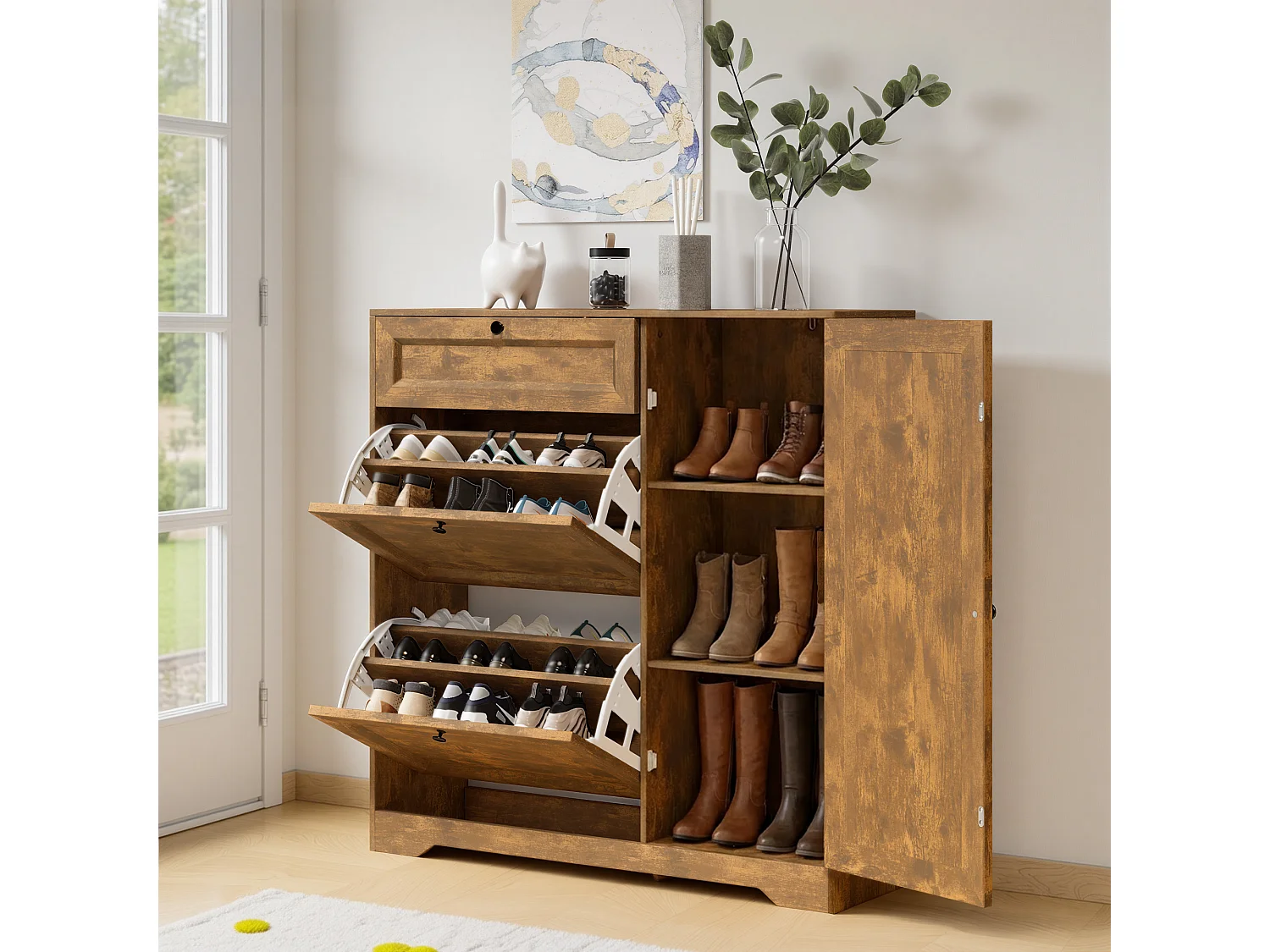 Bealife 3-en-1 Meuble chaussures avec 2 abattants, – 100x30x102 cm, Marron - Étagères réglables en hauteur, Meuble chaussures spacieux et fonctionnel