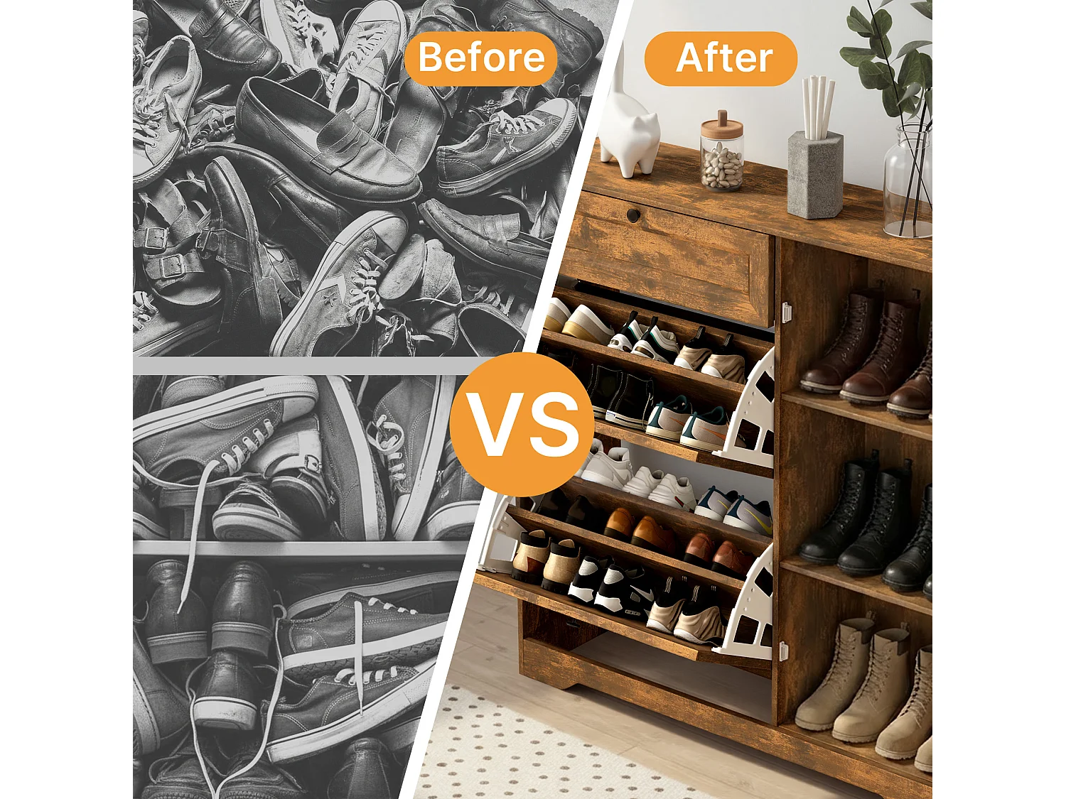 Bealife 3-en-1 Meuble chaussures avec 2 abattants, – 100x30x102 cm, Marron - Étagères réglables en hauteur, Meuble chaussures spacieux et fonctionnel