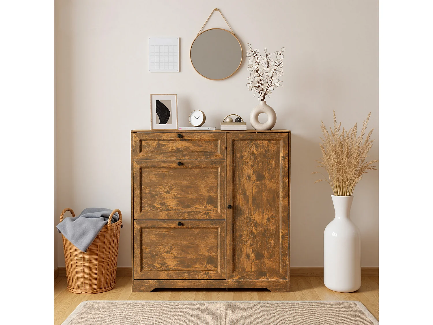 Bealife 3-en-1 Meuble chaussures avec 2 abattants, – 100x30x102 cm, Marron - Étagères réglables en hauteur, Meuble chaussures spacieux et fonctionnel