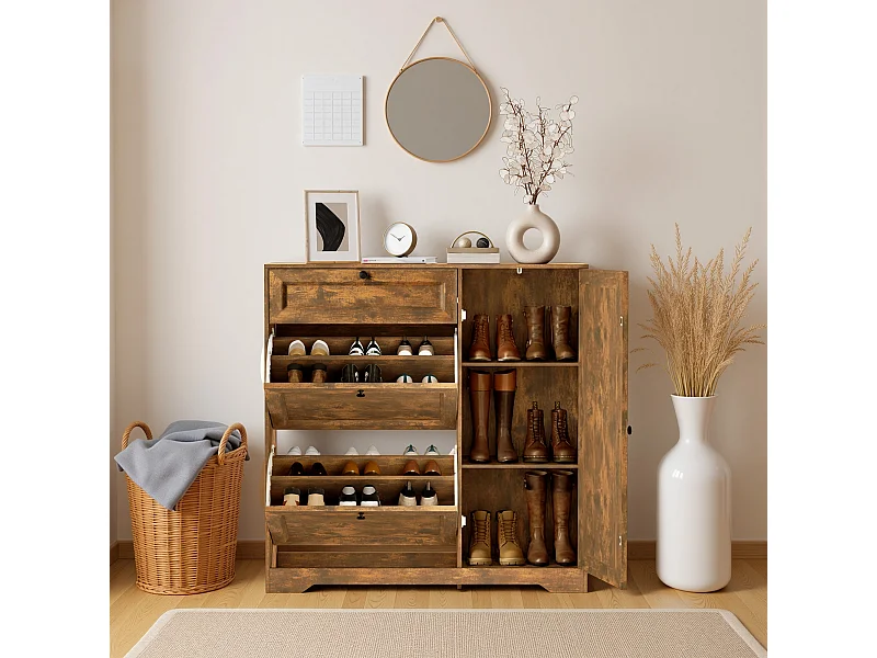 Bealife 3-en-1 Meuble chaussures avec 2 abattants, – 100x30x102 cm, Marron - Étagères réglables en hauteur, Meuble chaussures spacieux et fonctionnel