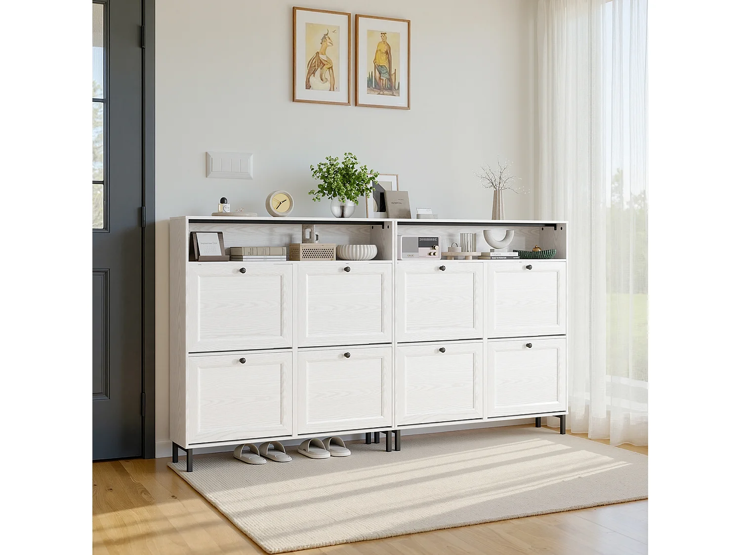 Bealife Meuble chaussures avec 4 abattants, 1 niche – 100x24x108 cm, Blanc - Étagères réglables en hauteur, peut contenir plusieurs paires de chaussures.