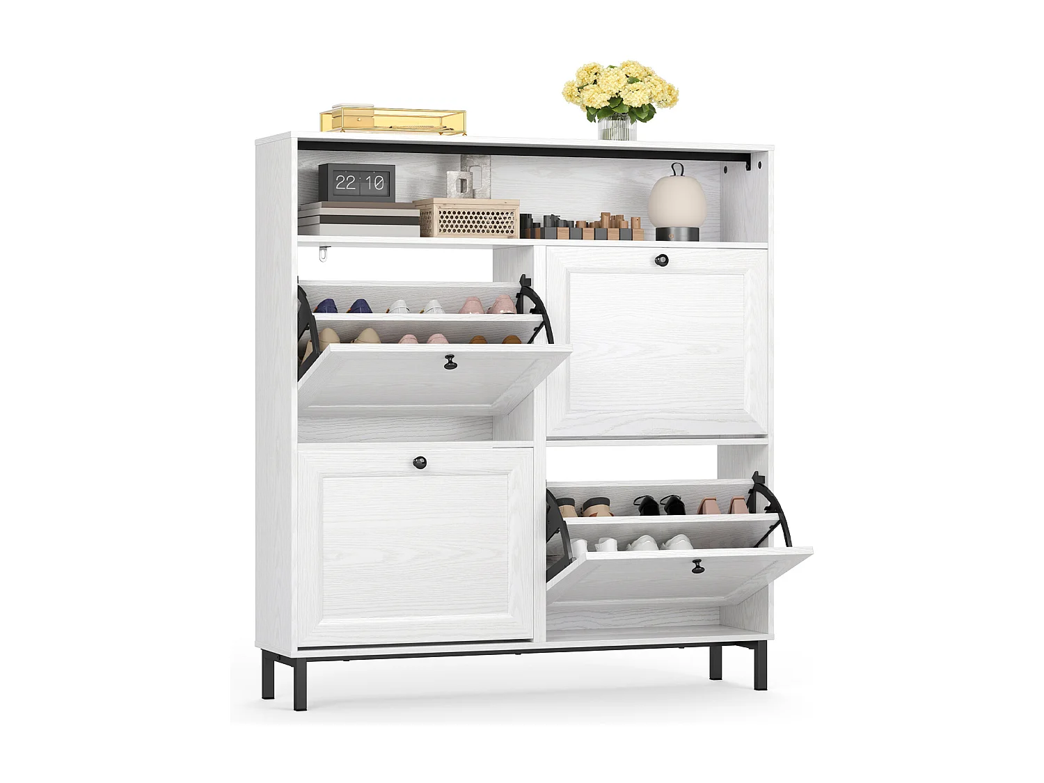 Bealife Meuble chaussures avec 4 abattants, 1 niche – 100x24x108 cm, Blanc - Étagères réglables en hauteur, peut contenir plusieurs paires de chaussures.