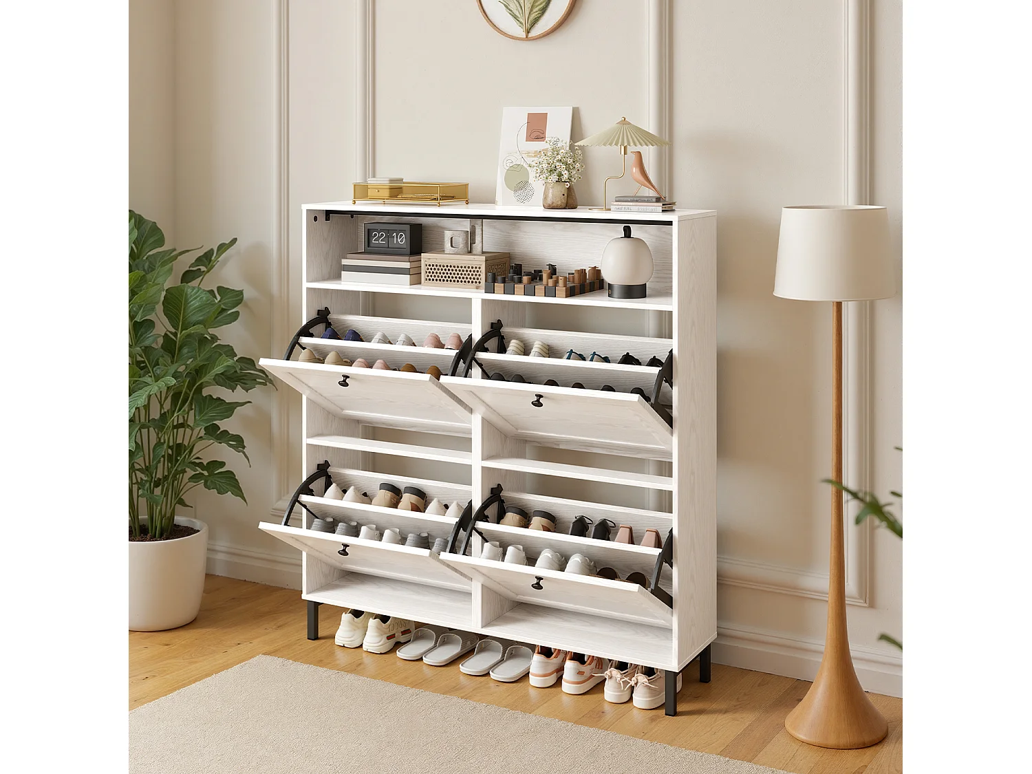 Bealife Meuble chaussures avec 4 abattants, 1 niche – 100x24x108 cm, Blanc - Étagères réglables en hauteur, peut contenir plusieurs paires de chaussures.