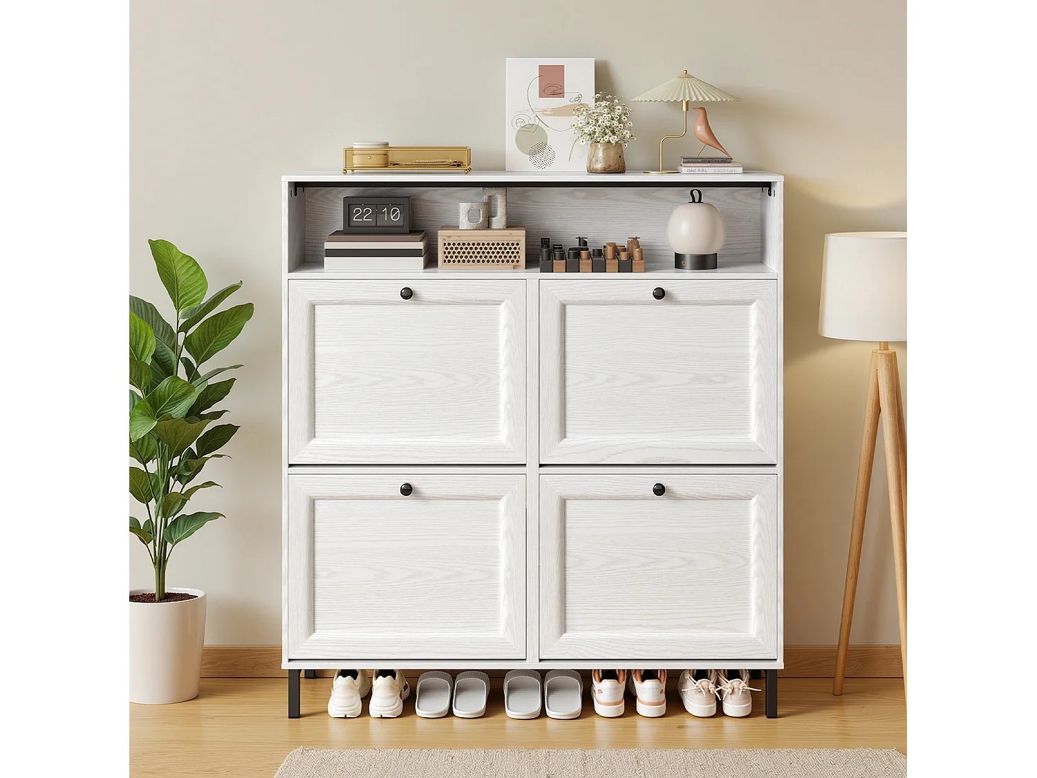 Bealife Meuble chaussures avec 4 abattants, 1 niche – 100x24x108 cm, Blanc - Étagères réglables en hauteur, peut contenir plusieurs paires de chaussures.