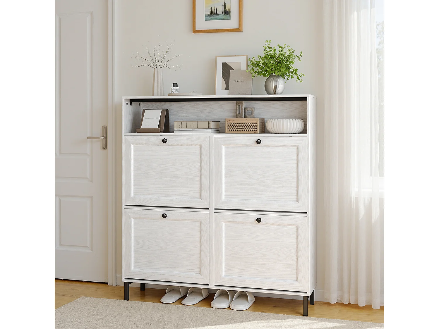 Bealife Meuble chaussures avec 4 abattants, 1 niche – 100x24x108 cm, Blanc - Étagères réglables en hauteur, peut contenir plusieurs paires de chaussures.